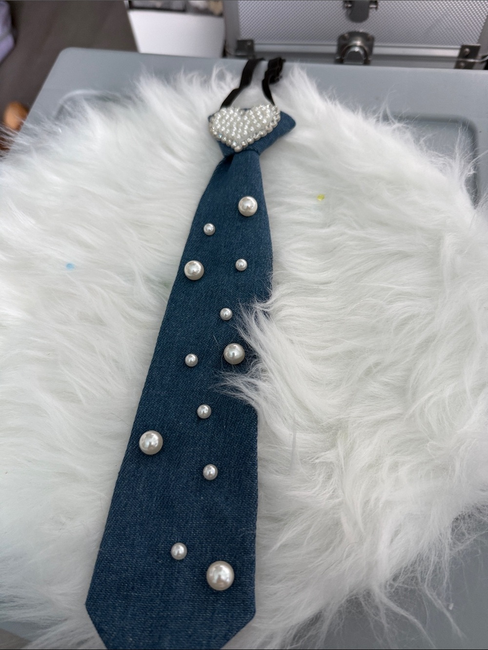 Pearl-Embellished Denim Neck Tie for Women